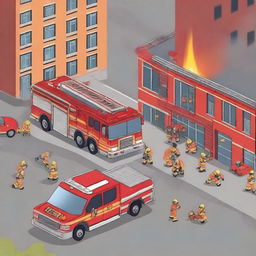 Create an image of a fire department with fire trucks, firefighters in action, and a fire station