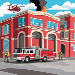 Create an image of a fire department with fire trucks, firefighters in action, and a fire station