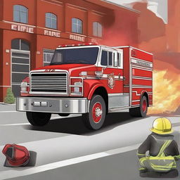 Create an image of a fire department with fire trucks, firefighters in action, and a fire station