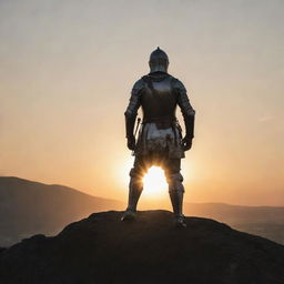 A knight in shining armor standing on a hilltop, the sun setting behind him, casting a dramatic shadow