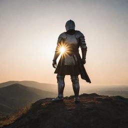 A knight in shining armor standing on a hilltop, the sun setting behind him, casting a dramatic shadow