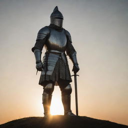 A knight in shining armor standing on a hilltop, the sun setting behind him, casting a dramatic shadow