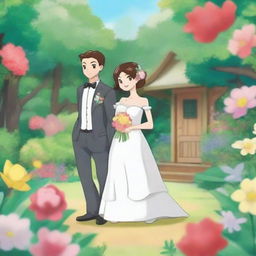 A Pokemon-style card featuring a newlywed couple in a garden with a cabin