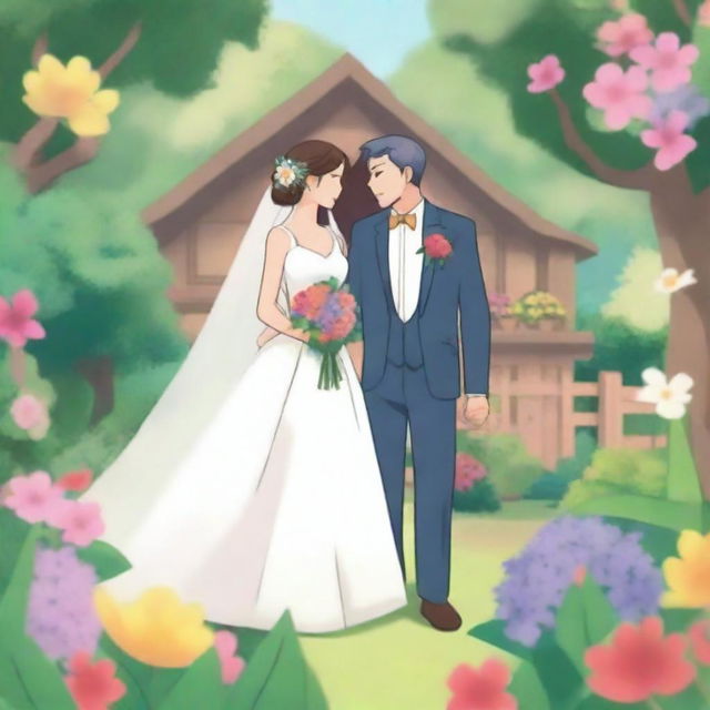 A Pokemon-style card featuring a newlywed couple in a garden with a cabin