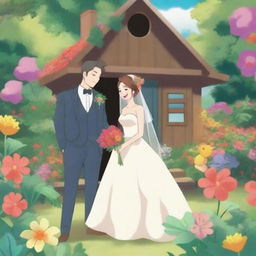 A Pokemon-style card featuring a newlywed couple in a garden with a cabin