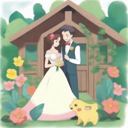 A Pokemon-style card featuring a newlywed couple in a garden with a cabin