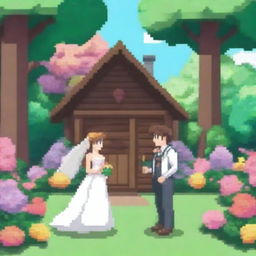 A Pokemon-style pixel art card featuring a newlywed couple in a garden with a cabin