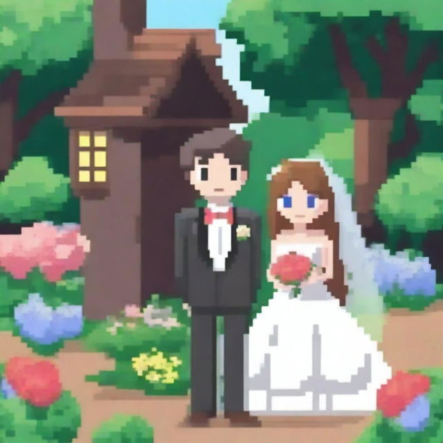 A Pokemon-style pixel art card featuring a newlywed couple in a garden with a cabin