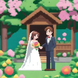 A Pokemon-style pixel art card featuring a newlywed couple in a garden with a cabin