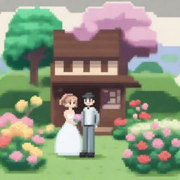 A Pokemon-style pixel art card featuring a newlywed couple in a garden with a cabin