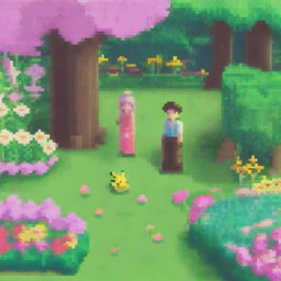 A pixel art scene of a couple in a garden, designed in the style of Pokemon