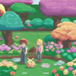 A pixel art scene of a couple in a garden, designed in the style of Pokemon