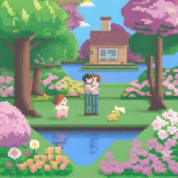 A pixel art scene of a couple in a garden, designed in the style of Pokemon