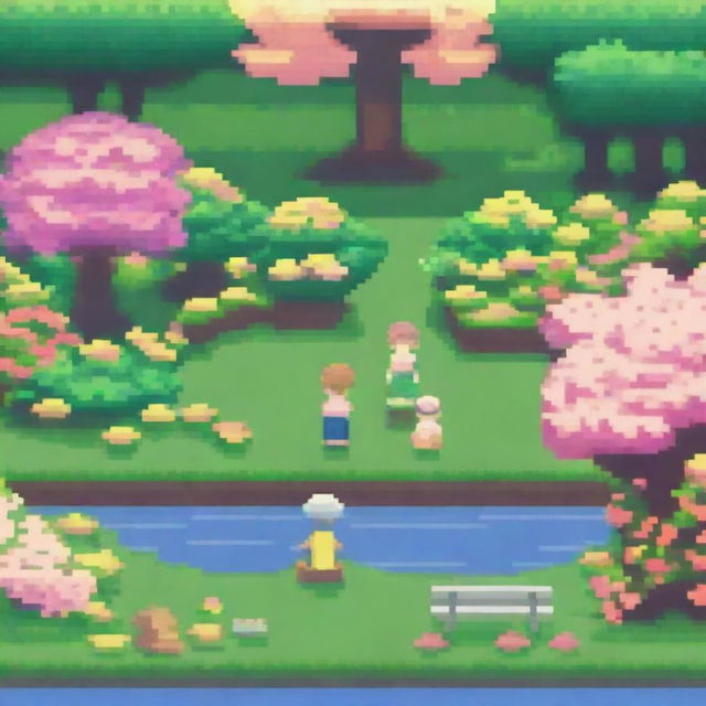 A pixel art scene of a couple in a garden, designed in the style of Pokemon