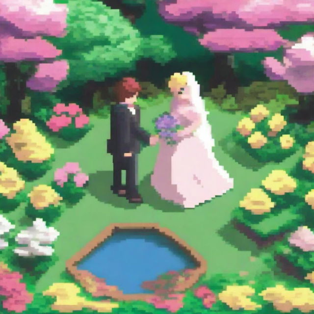 A pixel art scene of a newlywed couple in a garden, designed in the style of Pokemon