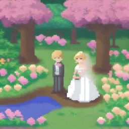 A pixel art scene of a newlywed couple in a garden, designed in the style of Pokemon