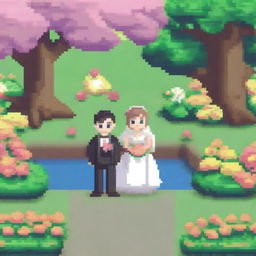 A pixel art scene of a newlywed couple in a garden, designed in the style of Pokemon