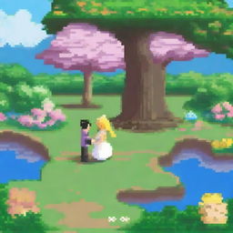 A pixel art scene of a newlywed couple in a garden, designed in the style of Pokemon