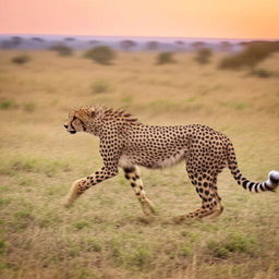 A thrilling image of a cheetah running across an African savannah with a sunset in the background.