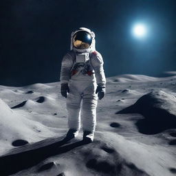 An astronaut in a spacesuit is standing on the surface of the moon, looking into the vast expanse of space