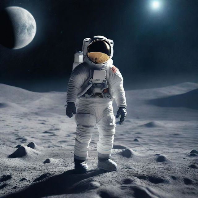 An astronaut in a spacesuit is standing on the surface of the moon, looking into the vast expanse of space