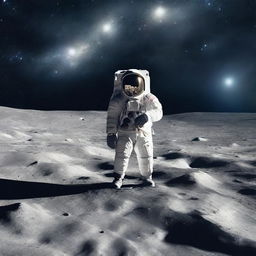 An astronaut in a spacesuit is standing on the surface of the moon, looking into the vast expanse of space