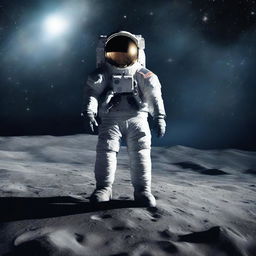 An astronaut in a spacesuit is standing on the surface of the moon, looking into the vast expanse of space