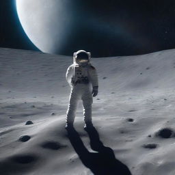 An astronaut in a spacesuit is standing on the surface of the moon with his back turned, looking into the vast expanse of space