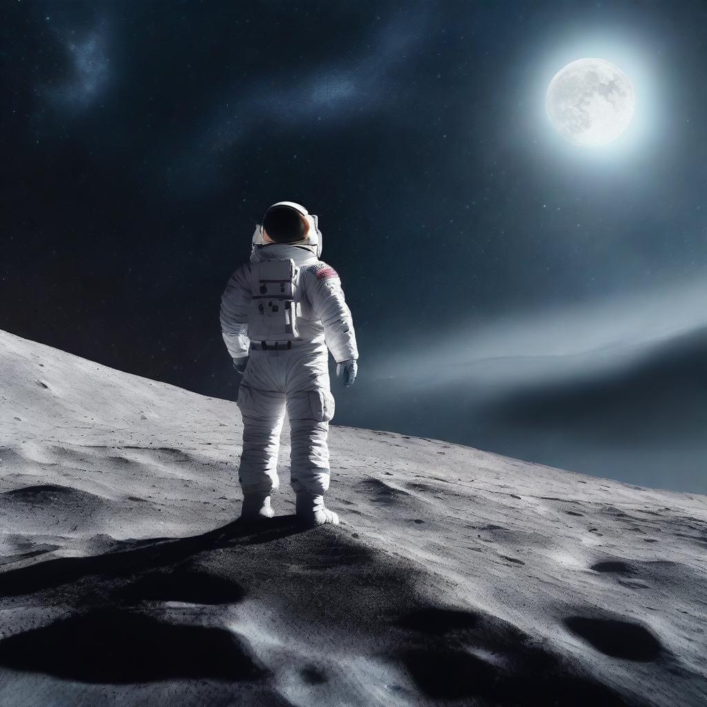 An astronaut in a spacesuit is standing on the surface of the moon with his back turned, looking into the vast expanse of space