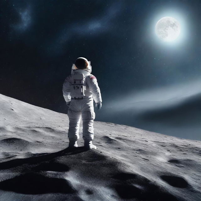 An astronaut in a spacesuit is standing on the surface of the moon with his back turned, looking into the vast expanse of space