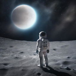 An astronaut in a spacesuit is standing on the surface of the moon with his back turned, looking into the vast expanse of space