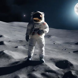 An astronaut in a spacesuit is standing on the surface of the moon with his back turned, looking into the vast expanse of space