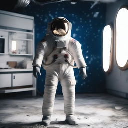 An astronaut in a makeshift spacesuit is standing on a homemade set, with his back turned, looking into a backdrop of space