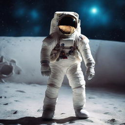 An astronaut in a makeshift spacesuit is standing on a homemade set, with his back turned, looking into a backdrop of space