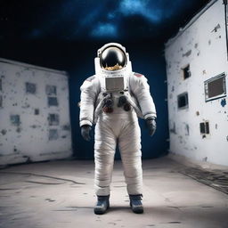 An astronaut in a makeshift spacesuit is standing on a homemade set, with his back turned, looking into a backdrop of space