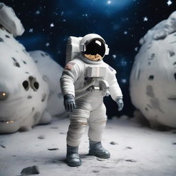 An astronaut in a makeshift spacesuit is standing on a homemade set, with his back turned, looking into a backdrop of space