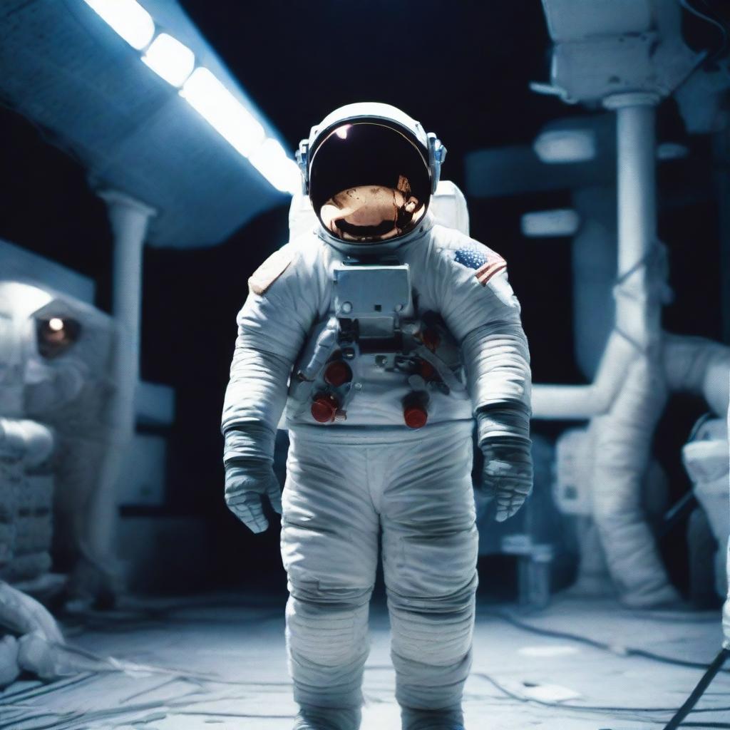 An astronaut in a poorly made spacesuit is standing on a low-budget set, with his back turned, looking into a backdrop of space