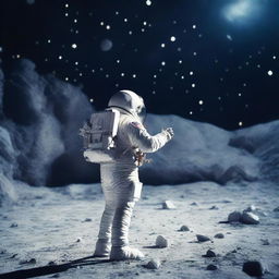 An astronaut in a poorly made spacesuit is standing on a low-budget set, with his back turned, looking into a backdrop of space