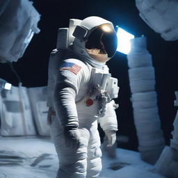 An astronaut in a poorly made spacesuit is standing on a low-budget set, with his back turned, looking into a backdrop of space