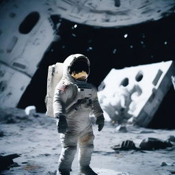 An astronaut in a poorly made spacesuit is standing on a low-budget set, with his back turned, looking into a backdrop of space