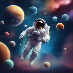 An astronaut is floating far away in the vast expanse of space, surrounded by different planets of various sizes and colors