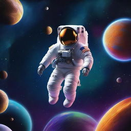 An astronaut is floating far away in the vast expanse of space, surrounded by different planets of various sizes and colors