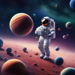 An astronaut is floating far away in the vast expanse of space, surrounded by different planets of various sizes and colors