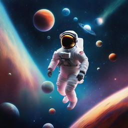 An astronaut is floating far away in the vast expanse of space, surrounded by different planets of various sizes and colors