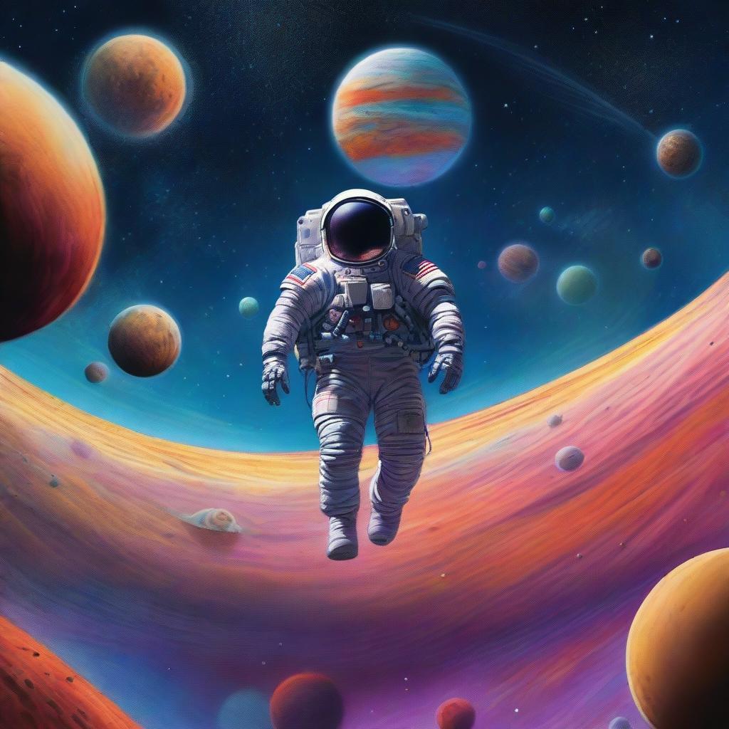 In the vast expanse of space, an astronaut is floating far away, barely visible amidst a backdrop of different planets of various sizes and colors