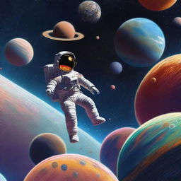 In the vast expanse of space, an astronaut is floating far away, barely visible amidst a backdrop of different planets of various sizes and colors