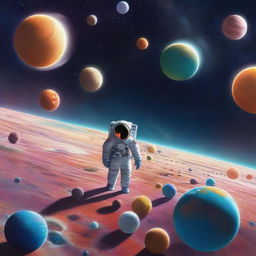 In the vast expanse of space, an astronaut is floating far away, barely visible amidst a backdrop of different planets of various sizes and colors