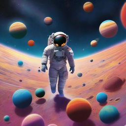 In the vast expanse of space, an astronaut is floating far away, barely visible amidst a backdrop of different planets of various sizes and colors