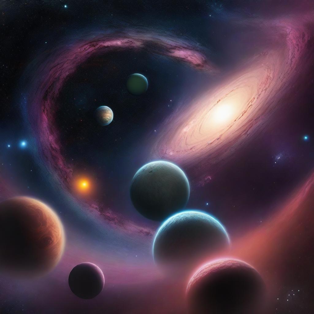 A vast galaxy filled with numerous planets of different sizes and shapes, all set against a backdrop of darker, more subdued colors