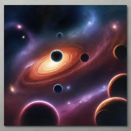 A vast galaxy filled with numerous planets of different sizes and shapes, all set against a backdrop of darker, more subdued colors